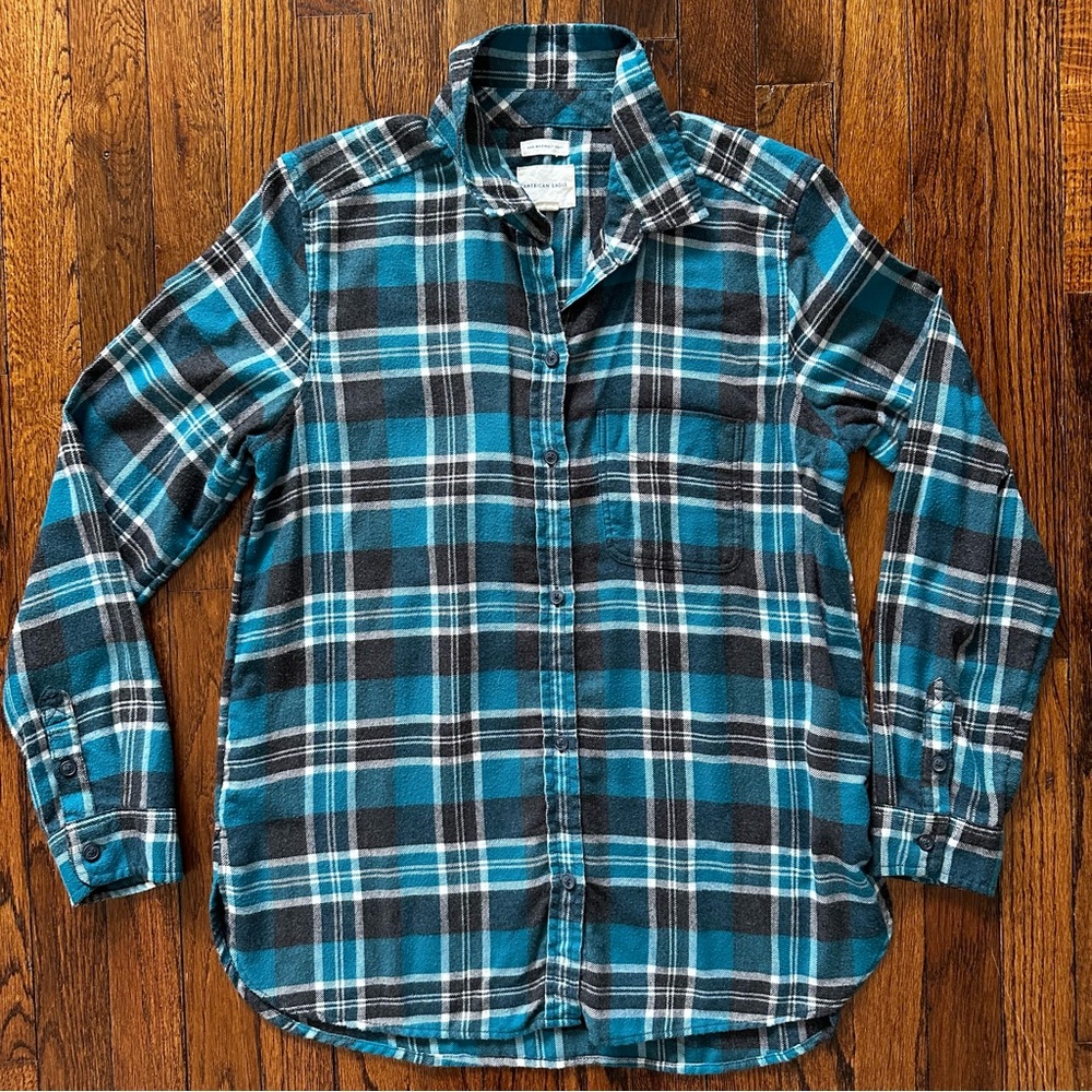 American Eagle Boyfriend Fit Flannel Medium Teal Gray